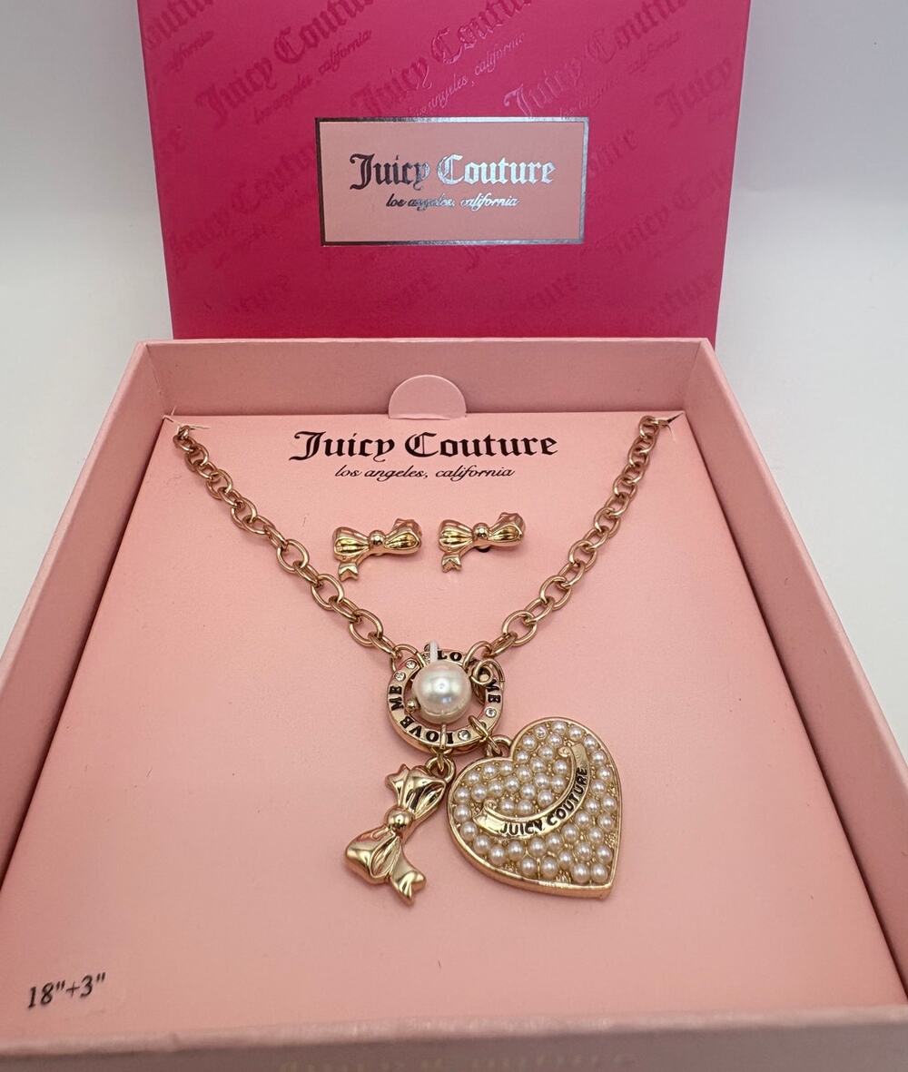 Juicy Couture  Gold-Tone Bow and Pearl Heart Necklace and Earrings